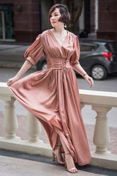 Silk Maxi Dress with Puff Sleeves, Gathered Bodice, and Corset Waist Detail for Elegant Evenings